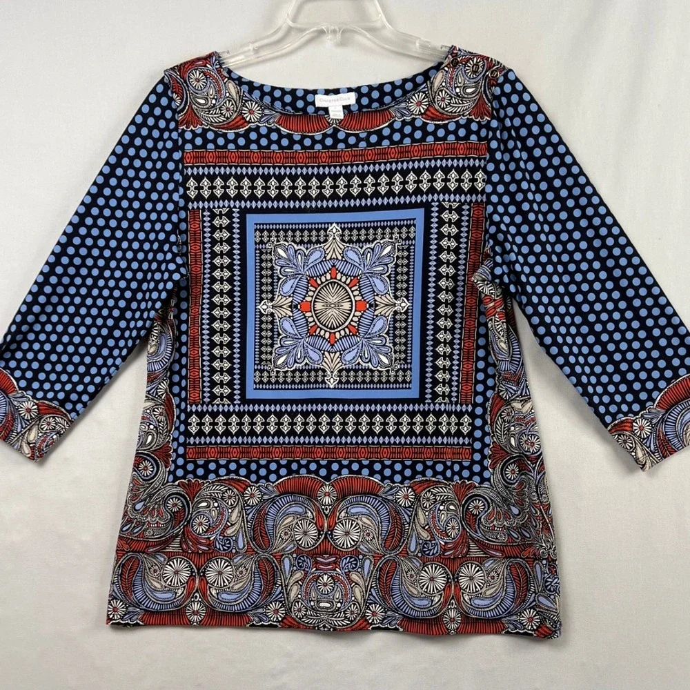 Charter Club Tunic Top Women Large Blue Red Paisley Polka Dot Stretch 3/4 Sleeve